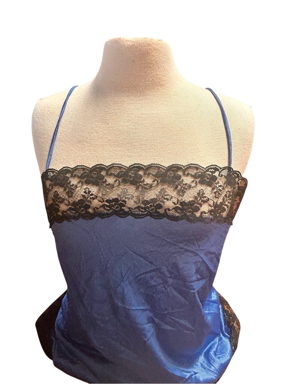 Vintage Blue Satin Lace-Trim Camisole Top sz large #usa